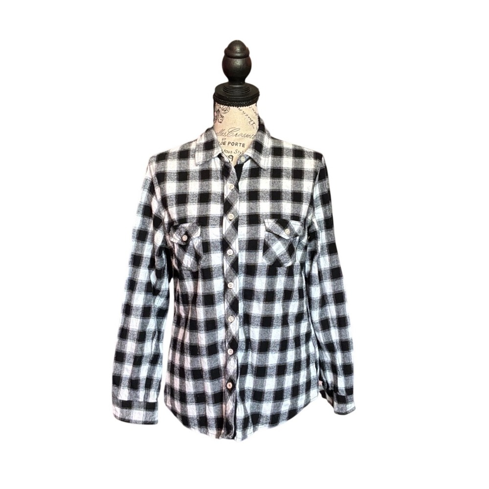 Weatherproof Vintage Black White Buffalo Plaid Flannel Button Down Shirt Medium
